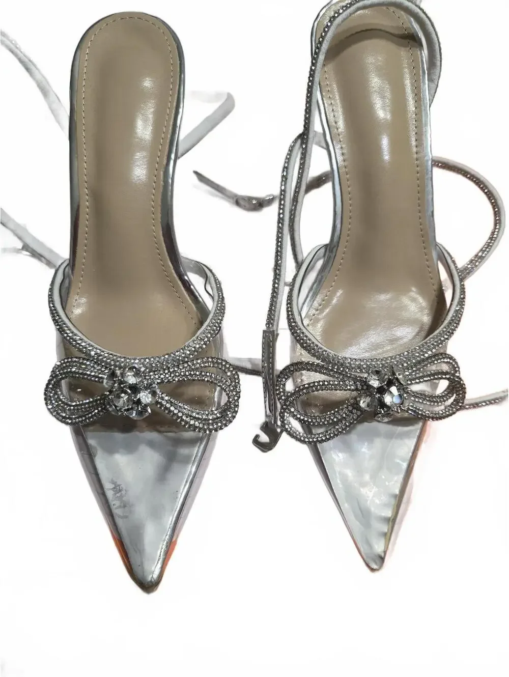 Silver Rhinestone Embellished Clear Strap High Heel Sandals